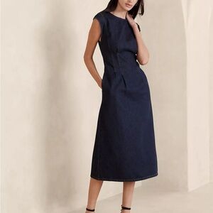 Banana Republic Indigo Rigid Denim Corsetted Sleeveless Midi Dress Pockets 6
